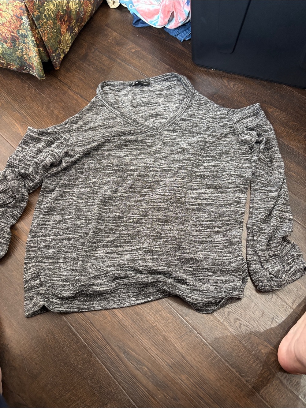 INC International Concepts Heathered Black V-Neck Cold-Shoulder Sweater